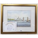 WATER COLOUR HMS BELFAST - KEN BURTON