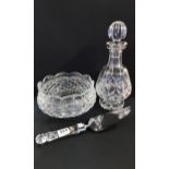 WATERFORD CRYSTAL BOWL, DECANTER AND CAKE SLICE