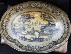 LARGE VINTAGE BLUE WILLOW TIN TRAY
