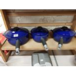 SET OF BLUE ENAMEL LECREUSET SAUCEPANS