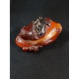 SUPERB ANTIQUE CARVED AMBER ORIENTAL SNUFF BOTTLE CARVED AS A CARP