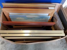 LARGE BOX OF PAINTINGS, PRINTS, FRAMED CIGARETTE CARDS, OILS ETC