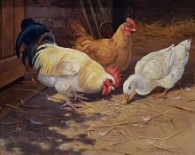 DONNA CRAWSHAW OIL ON BOARD FARMYARD BIRDS 29CM X 24CM