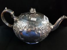 ORNATELY DECORATED SILVER TEAPOT - SHEFFIELD 1863-64 MARTIN HALL AND CO (INSCRIPTION TO FRONT) 671G