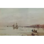 SIGNED ANTIQUE WATERCOLOUR - HARBOUR SCENE 25CM X 17CM