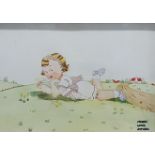 ORIGINAL SIGNED MABEL LUCIE ATTWELL WATERCOLOUR OF LITTLE GIRL LYING IN FIELD