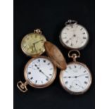 4 ANTIQUE POCKET WATCHES TO INCLUDE GOLD PLATED & SILVER EXAMPLES
