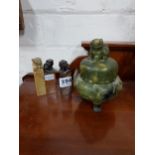 3 CARVED SOAPSTONE SEALS & A SOAPSTONE TEMPLE JAR WITH LID