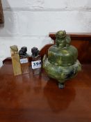3 CARVED SOAPSTONE SEALS & A SOAPSTONE TEMPLE JAR WITH LID