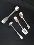 3 IRISH SILVER SALT SPOONS AND 1 SMALL STERLING LADLE