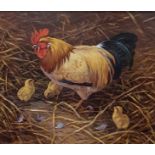 DONNA CRANSHAW OIL ON BOARD MOTHER HEN AND HER CHICKS 29CM X 24CM