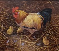 DONNA CRANSHAW OIL ON BOARD MOTHER HEN AND HER CHICKS 29CM X 24CM