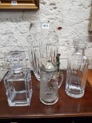 LARGE CUT GLASS VASE, 2 GLASS DECANTERS AND A CUT GLASS BAVARIAN TANKARD