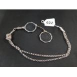 PAIR OF SILVER LORGNETTES ON SILVER CHAIN