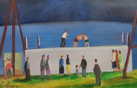 JIMMY BINGHAM - OIL ON BOARD - THE BOXING BOOTH 24"X36"