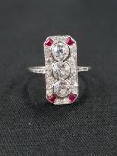 PLATINUM RECTANGULAR RUBY AND DIAMOND COCKTAIL RING - 3 ROSE CUT DIAMONDS SET IN THE CENTRE -