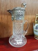 BEAUTIFULLY DECORATED WHITE METAL (POSSIBLY CONTINENTAL SILVER) TOPPED CUT GLASS DECANTER