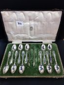 CASED SET OF SILVER TEA SPOONS AND SUGAR TONGS (1 SPOON MISSING) SHEFFIELD 1914-15