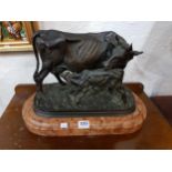 LARGE BRONZE COW & CALF FIGURE GROUP ON MARBLE BASE BY P J MENE 24CM X 33CM