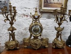 LARGE 19TH CENTURY GILT BRONZE LOUIS XVI STYLE MANTLE CLOCK SET. CLOCK SIGNED BY G PHILIPPE,