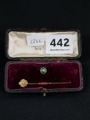 BOXED 15 CARAT GOLD TIE PIN WITH SOLITAIRE DIAMOND AND GOLD ENAMELLED COLLAR STUD