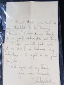 ORIGINAL HANDWRITTEN LETTER FROM QUEEN ELIZABETH II TO LORD PLUNKETT ON THE OCCASSION OF HIS