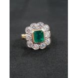 18 CARAT YELLOW GOLD EMERALD AND DIAMOND CLUSTER RING - TRADITIONAL WHITE GOLD BEADED SETTING WITH