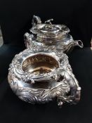 IRISH SILVER VERY ORNATE FLORAL 2 PIECE SERVICE COMPRISING TEAPOT & SUGAR BOWL. APPROX 1725 GRAMS.