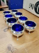 8 SILVER SALTS WITH BLUE GLASS LINERS