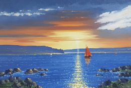DANNY TODD OIL ON CANVAS RED SAILS IN THE SUNSET PORTSTEWART BAY 49CM X 34.5CM