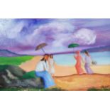 JIMMY BINGHAM - OIL ON BOARD - GIRLS WITH PARASOLS 24"X36"