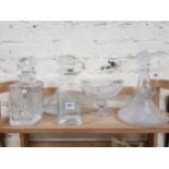 SHELF LOT OF GLASS AND DECANTERS