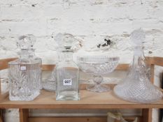 SHELF LOT OF GLASS AND DECANTERS