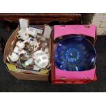 4 BOXES OF ORNAMENTS, CHINA, CUTLERY AND GLASSWARE