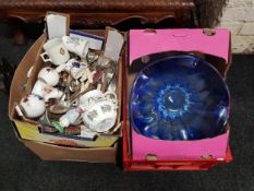 4 BOXES OF ORNAMENTS, CHINA, CUTLERY AND GLASSWARE