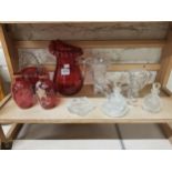 SHELF LOT OF RUBY GLASS AND OTHER GLASS