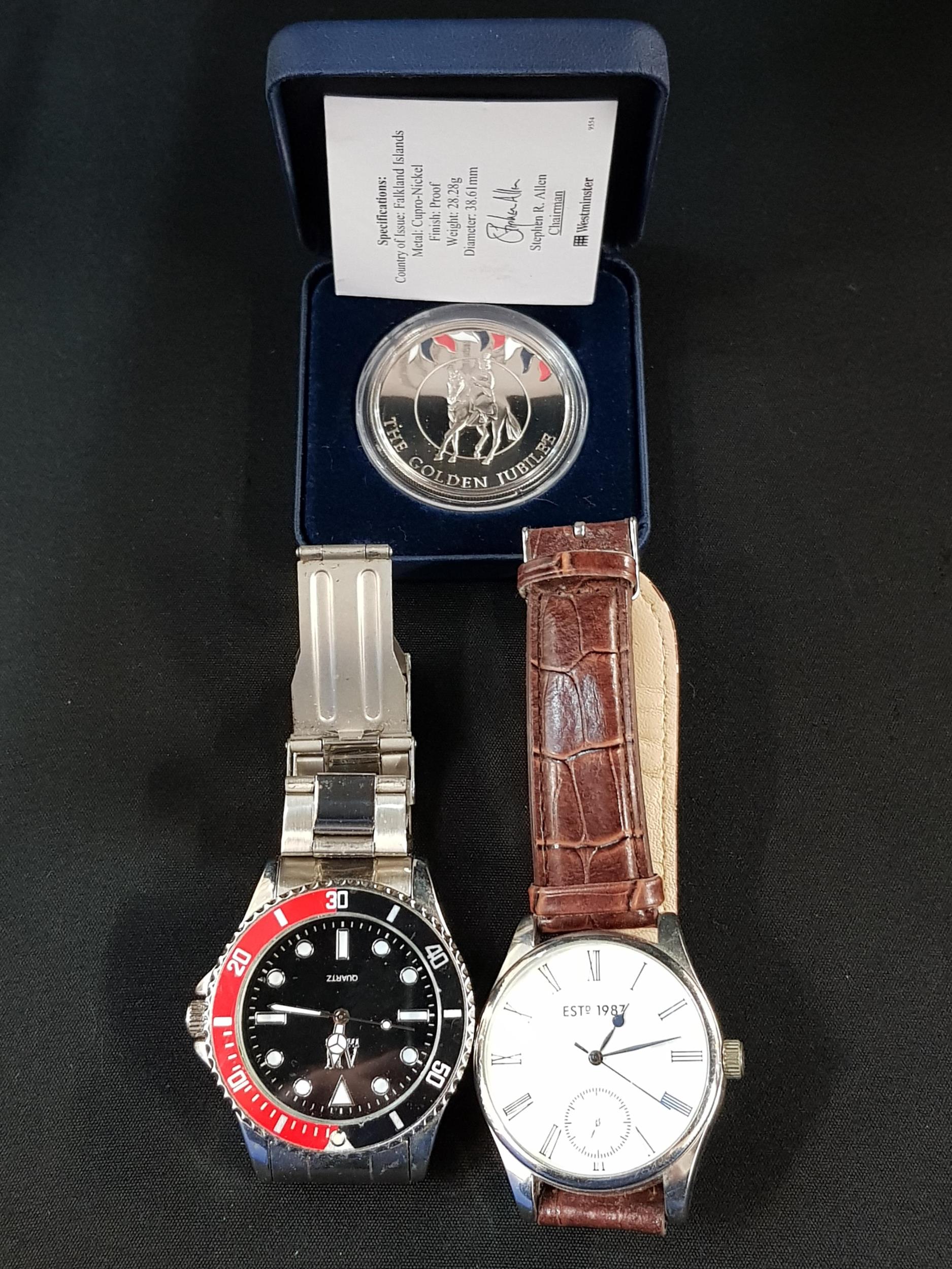 2 GENTS WATCHES AND COIN