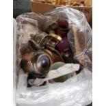 BOX OF COPPER, BRASS AND GLASSWARE