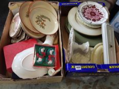 4 BOX LOTS OF ORNAMENTS, GLASSWARE AND PART TEASETS