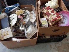 3 LARGE BOX LOTS OF ORNAMENTS, CHINA AND GLASS