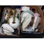 2 LARGE BOX LOTS OF ORNAMENTS, CHINA AND GLASS