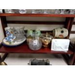 SHELF LOT OF ORNAMENTS AND GLASSWARE TO INCLUDE A VERY RARE BESWICK BLUE JAYS