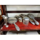 SHELF LOT OF SILVER ITEMS, BRUSHES ETC