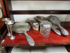 SHELF LOT OF SILVER ITEMS, BRUSHES ETC