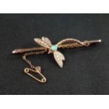 9 CARAT GOLD DRAGONFLY BROOCH SET WITH PEARLS AND OPAL.
