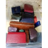 LARGE PLASTIC BOX OF ANTIQUE WATCH AND JEWELLERY BOXES