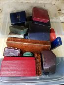 LARGE PLASTIC BOX OF ANTIQUE WATCH AND JEWELLERY BOXES