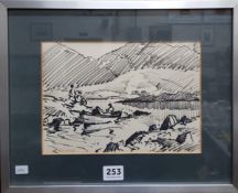 MAURICE C WILKS - PEN AND INK - LANDSCAPE WITH BOAT 9.5" X 6.5"