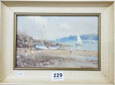 MAURICE C WILKS - OIL ON BOARD - BEACH SCENE 9" X 6"