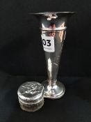 SILVER TOPPED JAR AND SILVER SPILL VASE